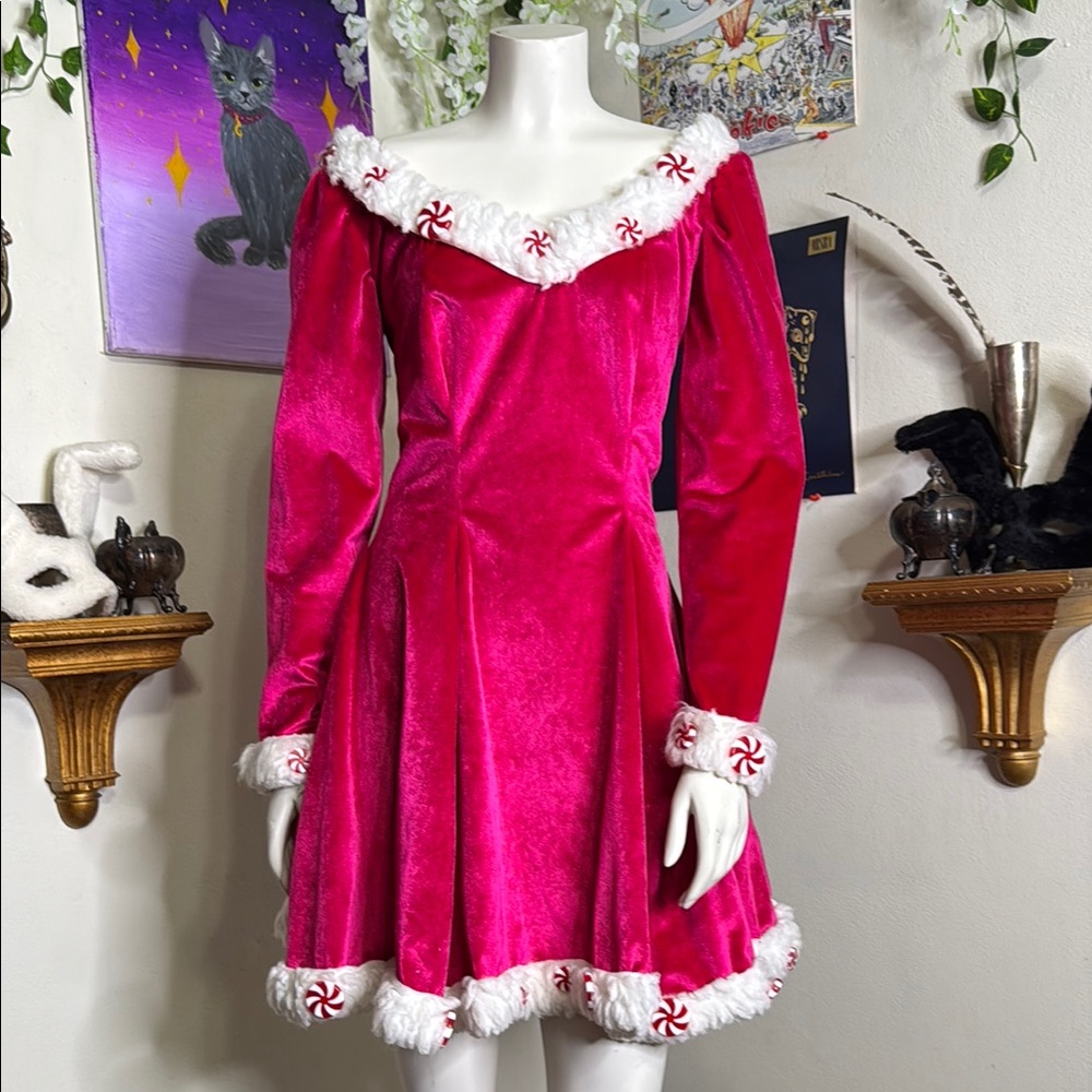 Festive Pink Velvet Dress with White Peppermint Trim